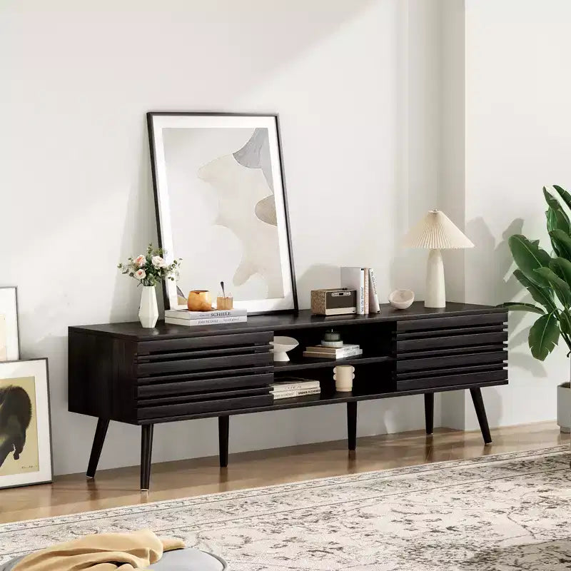 JVNOXK Mid Century Modern TV Stands for up to 70 TV with Storage, Fluted Wood TV Stand for Living Room, Boho Media Console,Dark Walnut