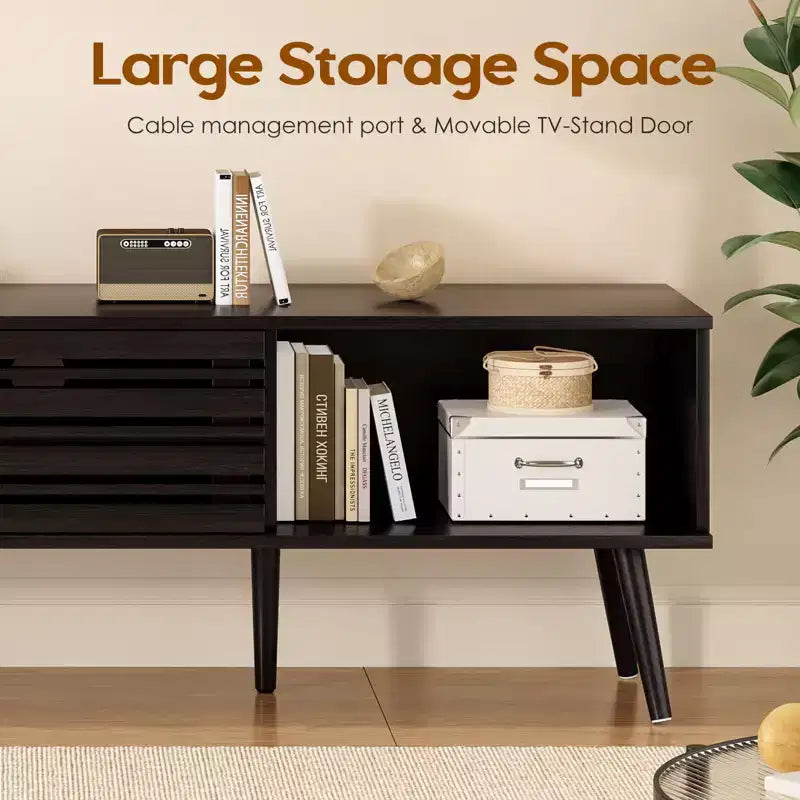 JVNOXK Mid Century Modern TV Stands for up to 70 TV with Storage, Fluted Wood TV Stand for Living Room, Boho Media Console,Dark Walnut
