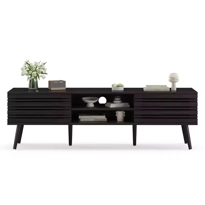 JVNOXK Mid Century Modern TV Stands for up to 70 TV with Storage, Fluted Wood TV Stand for Living Room, Boho Media Console,Dark Walnut