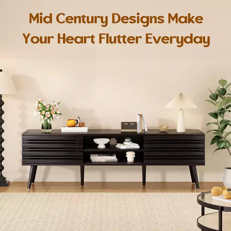 JVNOXK Mid Century Modern TV Stands for up to 70 TV with Storage, Fluted Wood TV Stand for Living Room, Boho Media Console,Dark Walnut