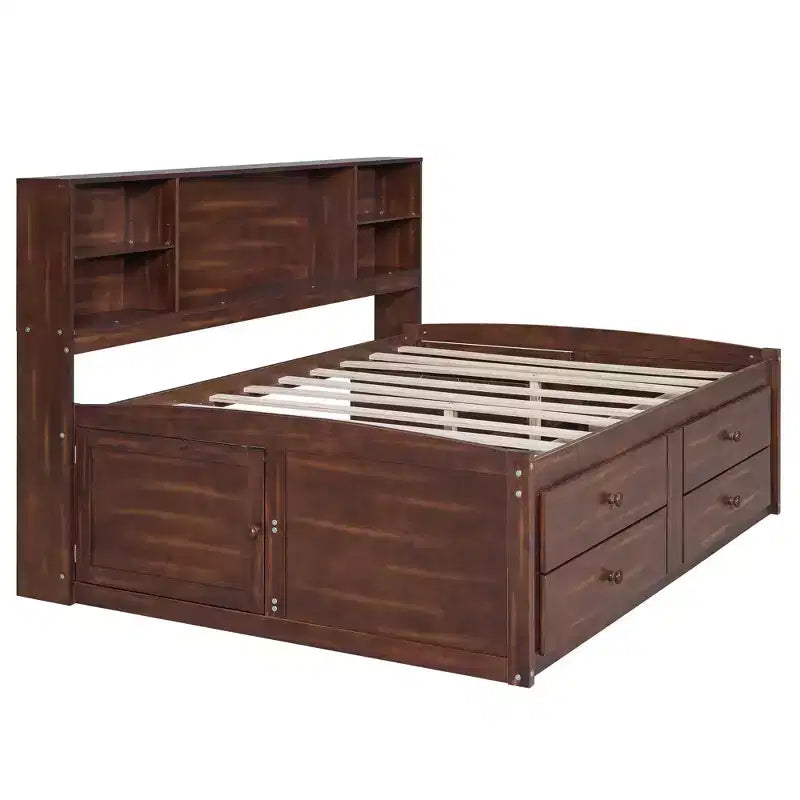 FAMYYT Full Size Wooden Captain Bed?With Built-in Storage Shelves, 4 Drawers and 2 Cabinets, Easy Assembly