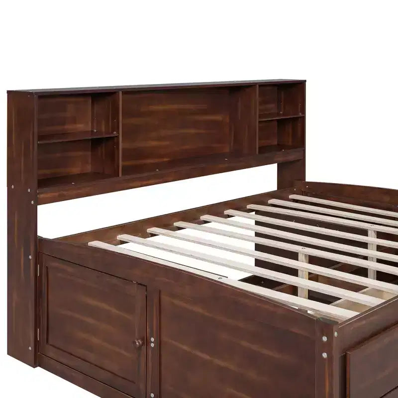FAMYYT Full Size Wooden Captain Bed?With Built-in Storage Shelves, 4 Drawers and 2 Cabinets, Easy Assembly