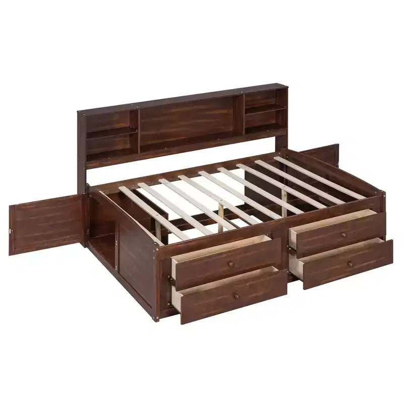 FAMYYT Full Size Wooden Captain Bed?With Built-in Storage Shelves, 4 Drawers and 2 Cabinets, Easy Assembly