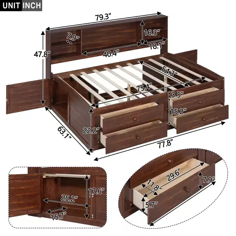 FAMYYT Full Size Wooden Captain Bed?With Built-in Storage Shelves, 4 Drawers and 2 Cabinets, Easy Assembly
