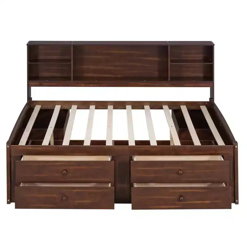 FAMYYT Full Size Wooden Captain Bed?With Built-in Storage Shelves, 4 Drawers and 2 Cabinets, Easy Assembly