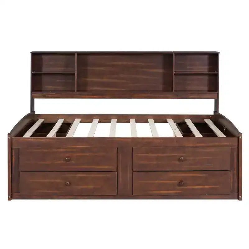 FAMYYT Full Size Wooden Captain Bed?With Built-in Storage Shelves, 4 Drawers and 2 Cabinets, Easy Assembly