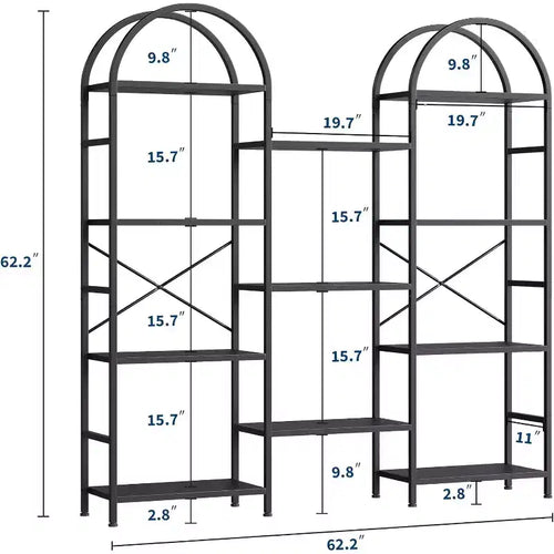 4 Tier Arched Bookshelf, 11 Open Display Shelves, Metal Frame & Wood Shelves, Wide Tall Standing Storage Rack for Living Room, Bedroom, Home Office