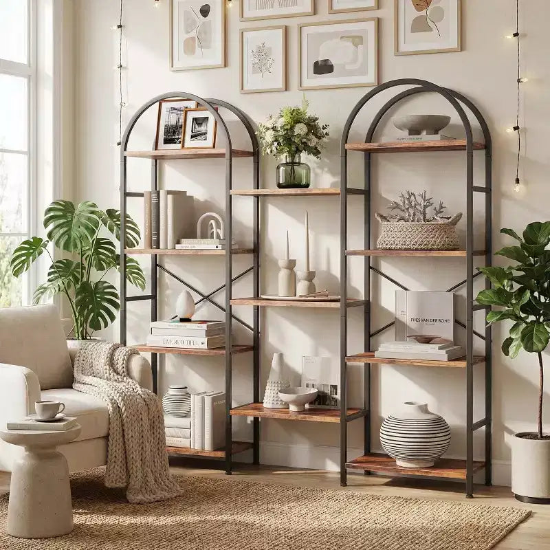 4 Tier Arched Bookshelf, 11 Open Display Shelves, Metal Frame & Wood Shelves, Wide Tall Standing Storage Rack for Living Room, Bedroom, Home Office