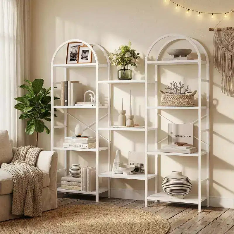 4 Tier Arched Bookshelf, 11 Open Display Shelves, Metal Frame & Wood Shelves, Wide Tall Standing Storage Rack for Living Room, Bedroom, Home Office