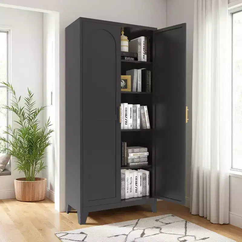 JVNOXK 71'' 2 Shapely Doors Cabinet, Metal Storage Cabinet with Doors and Adjustable Shelves, for Bedroom, Living Room, Kitchen,Black
