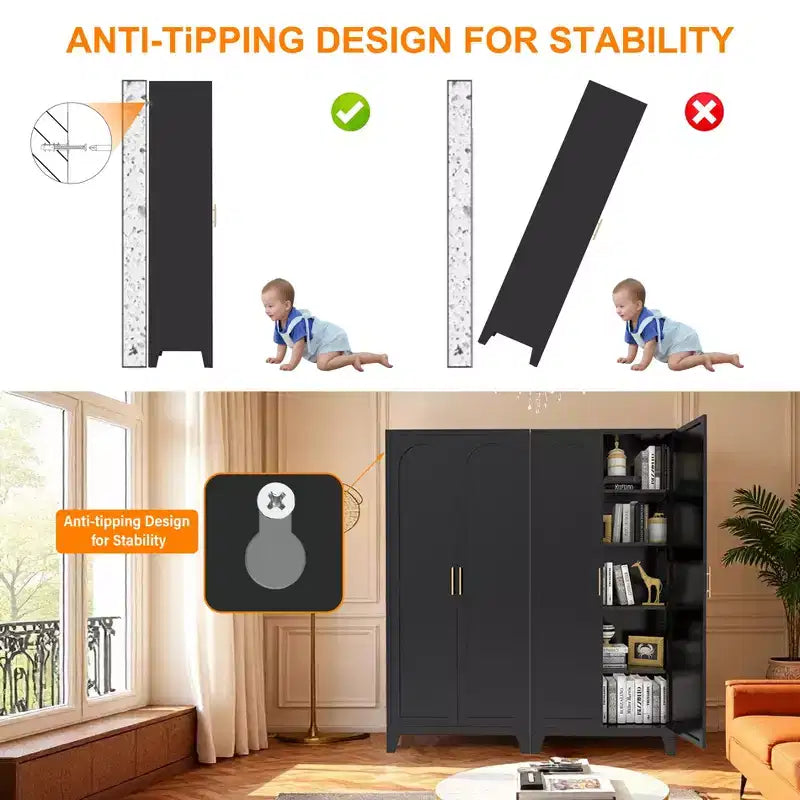JVNOXK 71'' 2 Shapely Doors Cabinet, Metal Storage Cabinet with Doors and Adjustable Shelves, for Bedroom, Living Room, Kitchen,Black