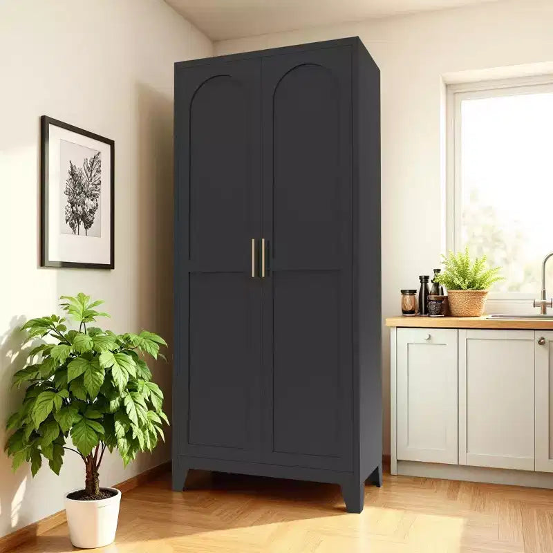 JVNOXK 71'' Armadio a 2 ante sagomate, armadietto in metallo con ante e ripiani regolabili, per camera da letto, soggiorno, cucina, nero