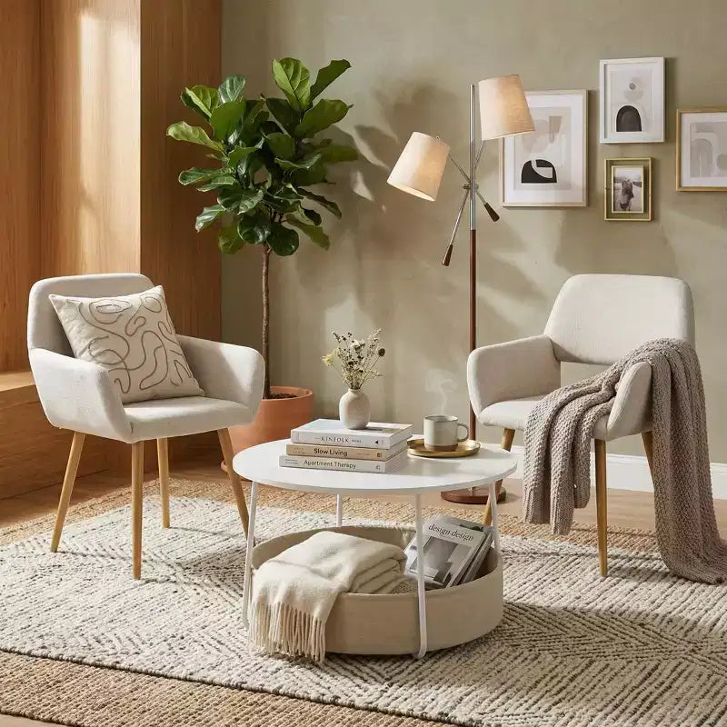 FurnitureR 3-Piece Accent Chair and Coffee Table Set, Round Side Table with 2 Upholstered Chairs for Living Room, Lounge or Apartment