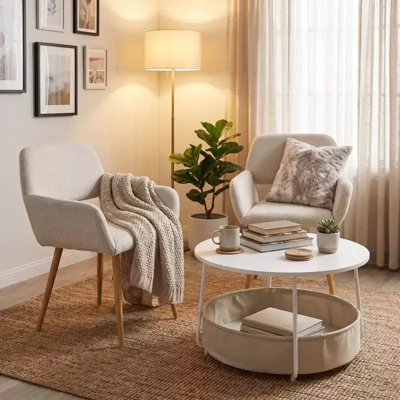 FurnitureR 3-Piece Accent Chair and Coffee Table Set, Round Side Table with 2 Upholstered Chairs for Living Room, Lounge or Apartment