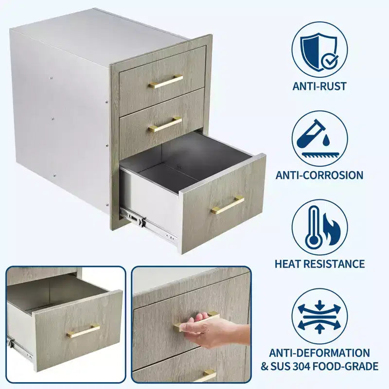 Heavy Duty Stainless Steel Triple Drawer Storage Cabinet, Weather Resistant Flush Mount for Outdoor Kitchen BBQ Island