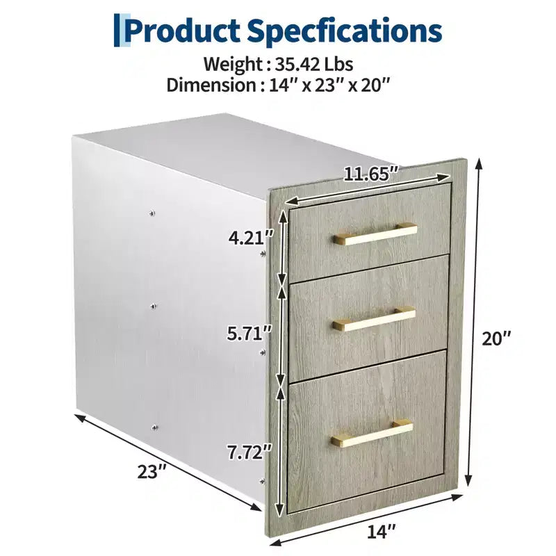 Heavy Duty Stainless Steel Triple Drawer Storage Cabinet, Weather Resistant Flush Mount for Outdoor Kitchen BBQ Island