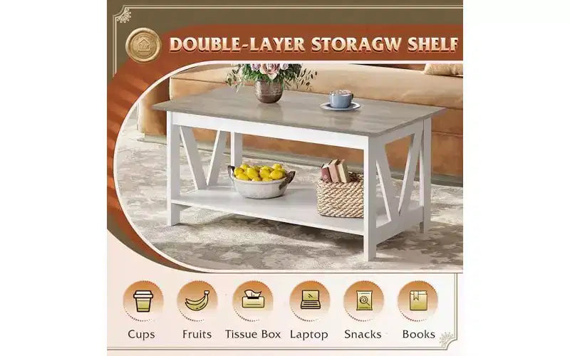 DEXYLLO Coffee Table with Storage Shelf, 39.4 Farmhouse Coffee Table with V-Frame Support