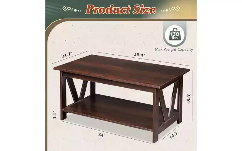 DEXYLLO Coffee Table with Storage Shelf, 39.4 Farmhouse Coffee Table with V-Frame Support