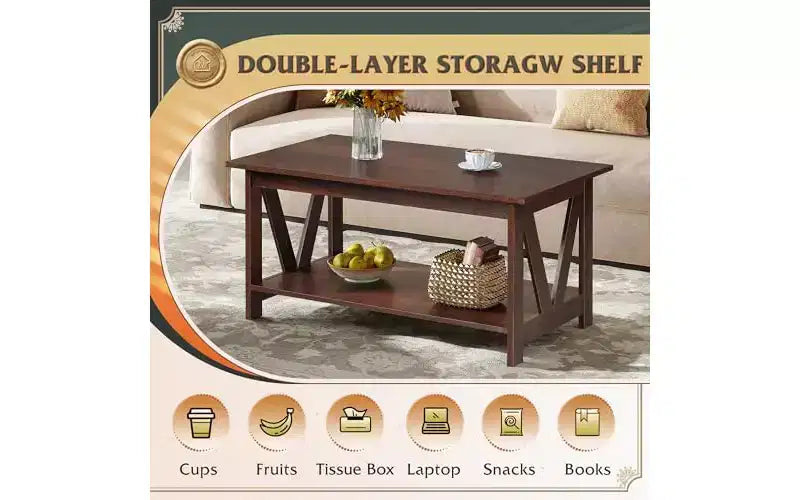 DEXYLLO Coffee Table with Storage Shelf, 39.4 Farmhouse Coffee Table with V-Frame Support