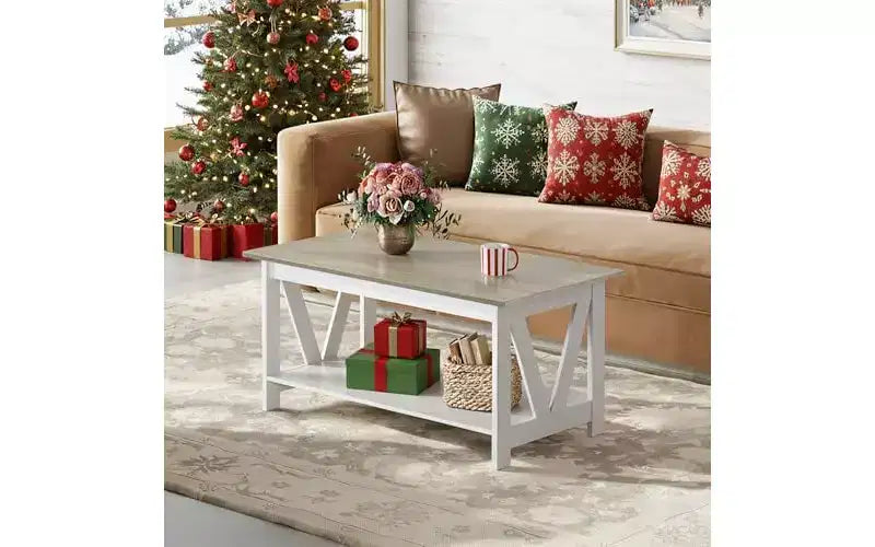 DEXYLLO Coffee Table with Storage Shelf, 39.4 Farmhouse Coffee Table with V-Frame Support