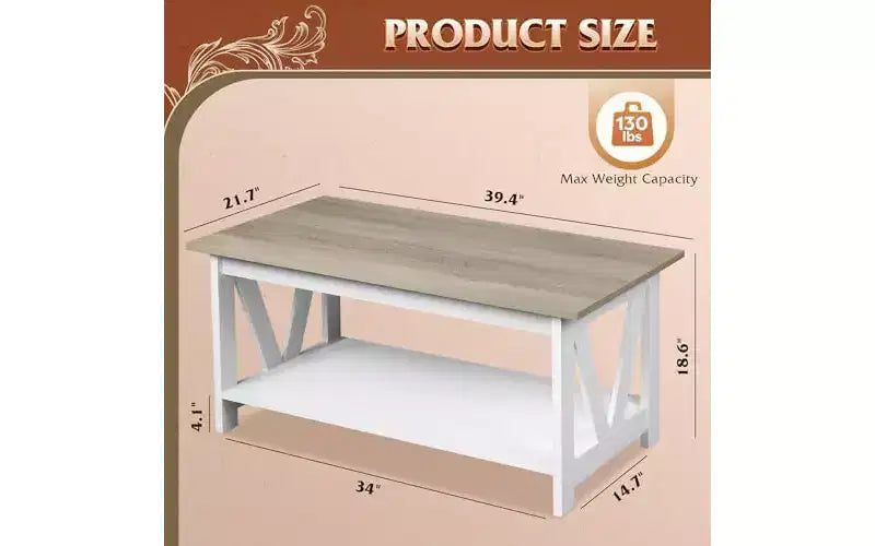 DEXYLLO Coffee Table with Storage Shelf, 39.4 Farmhouse Coffee Table with V-Frame Support
