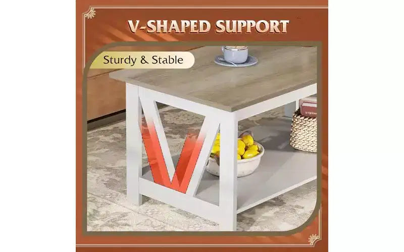 DEXYLLO Coffee Table with Storage Shelf, 39.4 Farmhouse Coffee Table with V-Frame Support