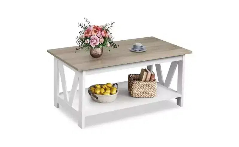DEXYLLO Coffee Table with Storage Shelf, 39.4 Farmhouse Coffee Table with V-Frame Support