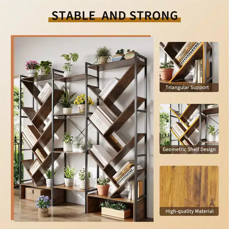 Triple 6 Tier Bookshelf,Large Bookcase Industrial Bookshelf with 24 Open Display Shelves, Metal Frame and Wooden Board for Living Room Home