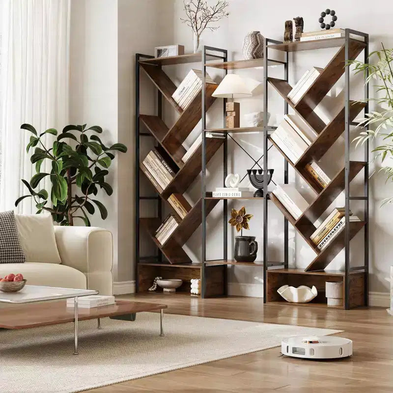 Triple 6 Tier Bookshelf,Large Bookcase Industrial Bookshelf with 24 Open Display Shelves, Metal Frame and Wooden Board for Living Room Home