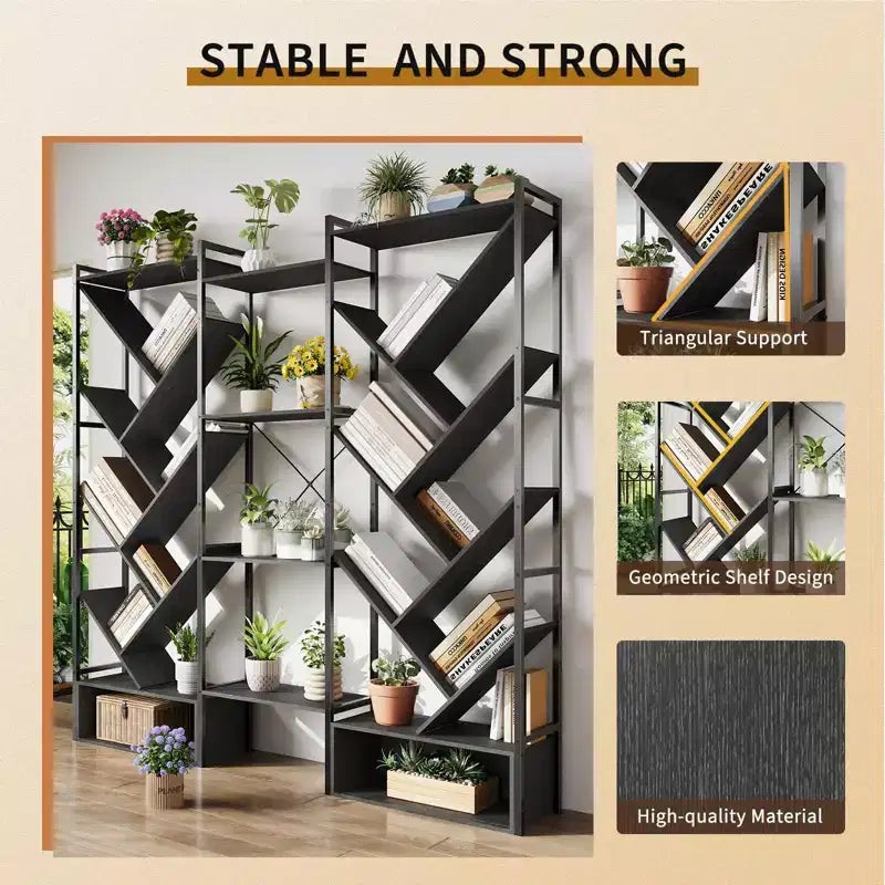Triple 6 Tier Bookshelf,Large Bookcase Industrial Bookshelf with 24 Open Display Shelves, Metal Frame and Wooden Board for Living Room Home