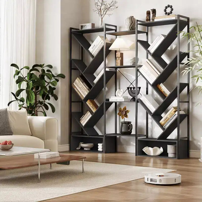 Triple 6 Tier Bookshelf,Large Bookcase Industrial Bookshelf with 24 Open Display Shelves, Metal Frame and Wooden Board for Living Room Home