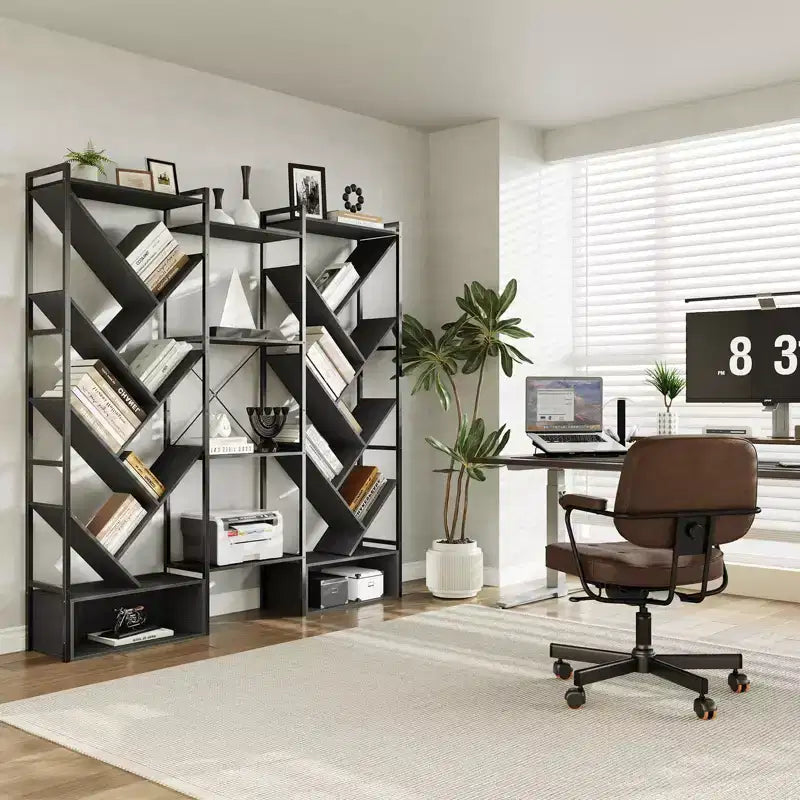 Triple 6 Tier Bookshelf,Large Bookcase Industrial Bookshelf with 24 Open Display Shelves, Metal Frame and Wooden Board for Living Room Home