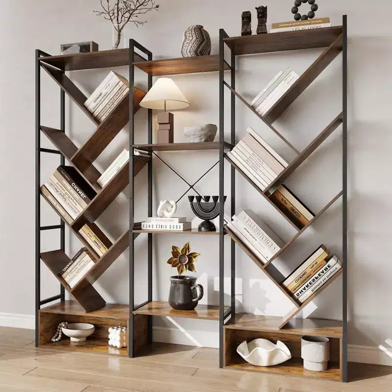 Triple 6 Tier Bookshelf,Large Bookcase Industrial Bookshelf with 24 Open Display Shelves, Metal Frame and Wooden Board for Living Room Home