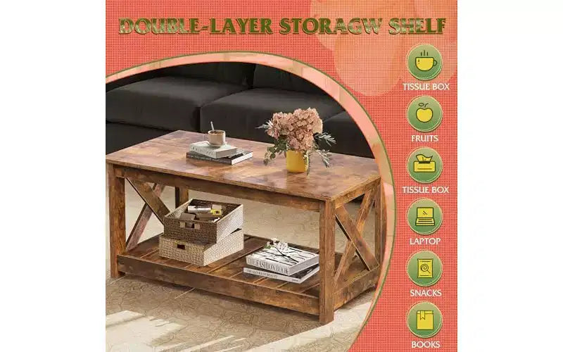 Tavolino da salotto DEXYLLO Farmhouse, 40,1", rustico con supporto a X e ripiano portaoggetti