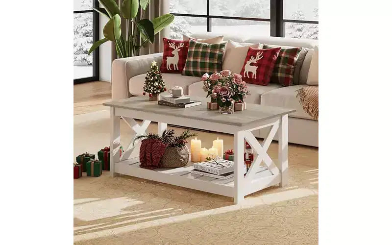 Tavolino da salotto DEXYLLO Farmhouse, 40,1", rustico con supporto a X e ripiano portaoggetti