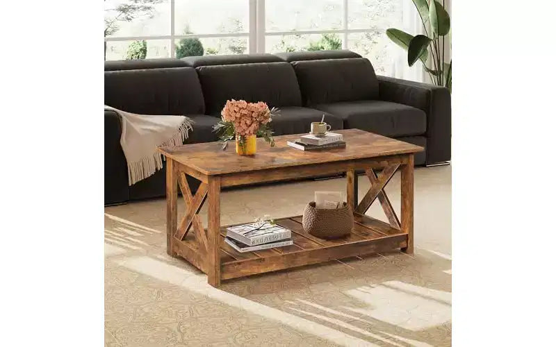 Tavolino da salotto DEXYLLO Farmhouse, 40,1", rustico con supporto a X e ripiano portaoggetti