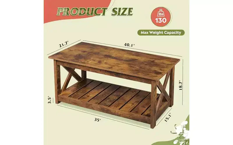 Tavolino da salotto DEXYLLO Farmhouse, 40,1", rustico con supporto a X e ripiano portaoggetti