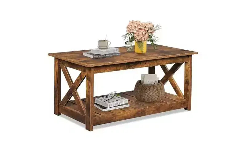 DEXYLLO Farmhouse Coffee Table for Living Room, 40.1 Rustic Center Table with X-Frame Support & Storage Shelf