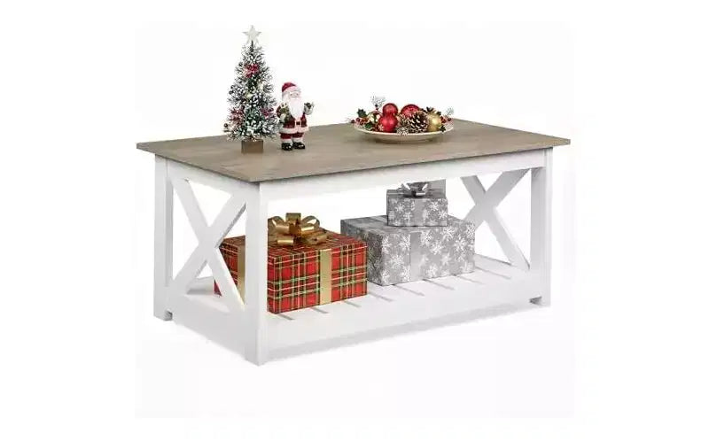 DEXYLLO Farmhouse Coffee Table for Living Room, 40.1 Rustic Center Table with X-Frame Support & Storage Shelf