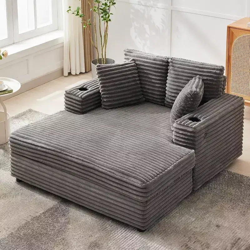 Oversized Chaise Lounge Chair, 60 Upholstered Sofa Bed with Throw Pillows and Armrests, Corduroy Sleeper Couch for Living Room, Bedroom