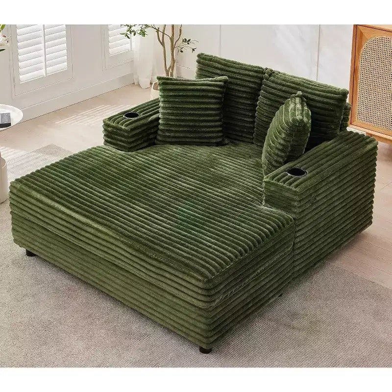 Oversized Chaise Lounge Chair, 60 Upholstered Sofa Bed with Throw Pillows and Armrests, Corduroy Sleeper Couch for Living Room, Bedroom