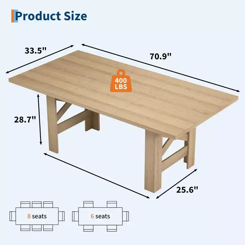LinTime Tavolo da Pranzo Stile Fattoria da 180 cm per 6-8 Posti - Robusto Tavolo Rettangolare in Legno - Piano Spesso e Robuste Gambe a Triangolo - per Cucina