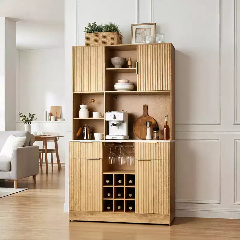 Mobiletto Vini VEVOR, Mobile Bar per Caffè con 9 Portabottiglie, Credenza Moderna con Porta Bicchieri, Luce LED, Stazione di Ricarica, Naturale