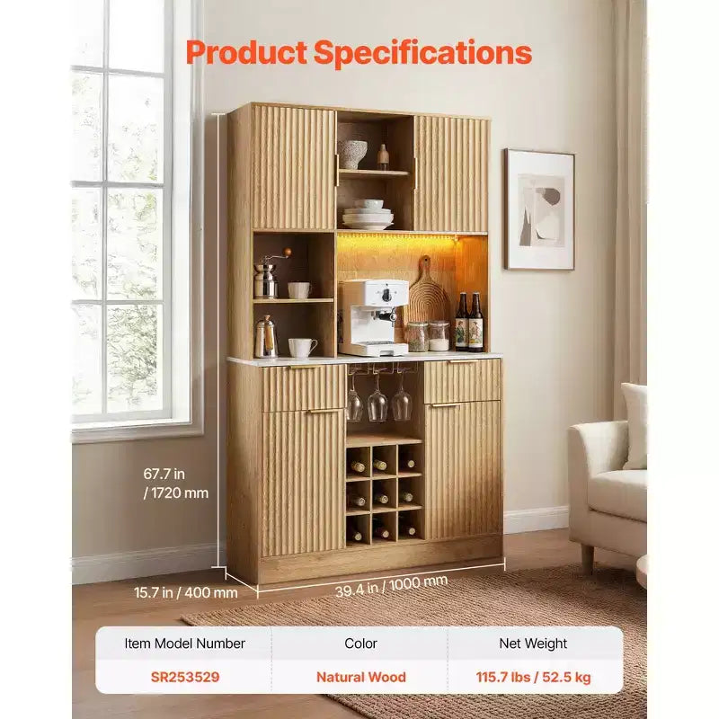 Mobiletto Vini VEVOR, Mobile Bar per Caffè con 9 Portabottiglie, Credenza Moderna con Porta Bicchieri, Luce LED, Stazione di Ricarica, Naturale