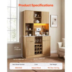 Mobiletto Vini VEVOR, Mobile Bar per Caffè con 9 Portabottiglie, Credenza Moderna con Porta Bicchieri, Luce LED, Stazione di Ricarica, Naturale