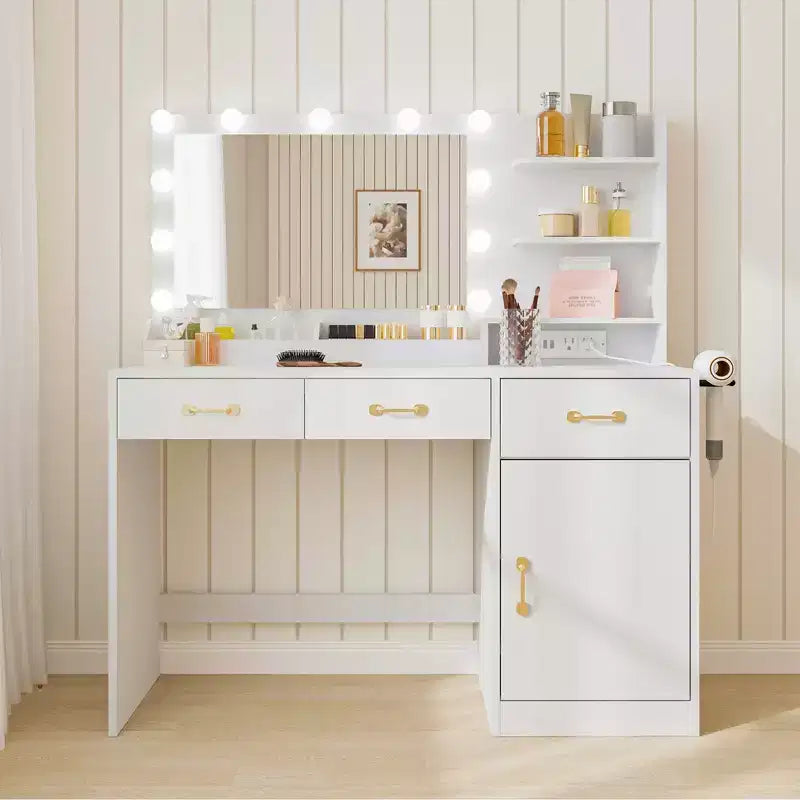 Makeup Vanity Desk with Mirror - 3 Drawers, 2 Cubbies, Cabinet, Open Shelves - Wooden Dressing Table for Bedroom or Dressing Room - White
