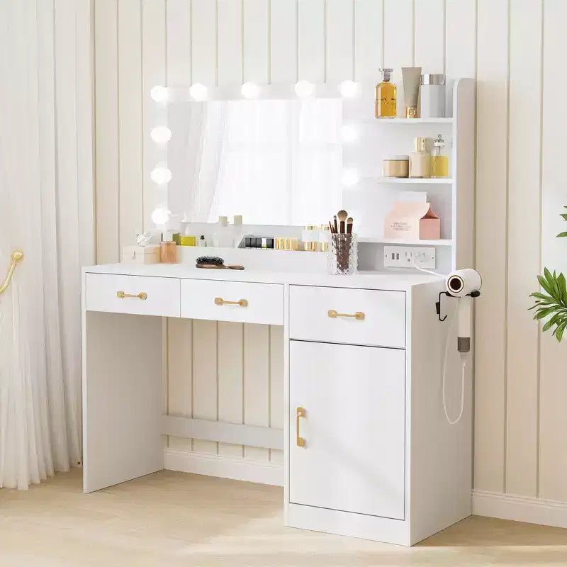 Makeup Vanity Desk with Mirror - 3 Drawers, 2 Cubbies, Cabinet, Open Shelves - Wooden Dressing Table for Bedroom or Dressing Room - White