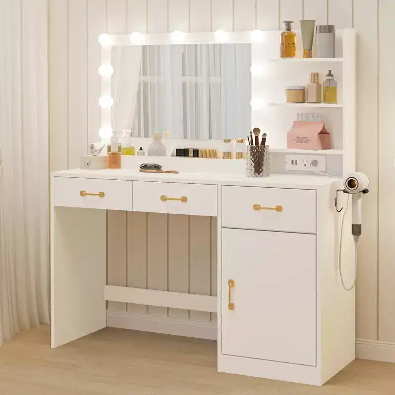 Makeup Vanity Desk with Mirror - 3 Drawers, 2 Cubbies, Cabinet, Open Shelves - Wooden Dressing Table for Bedroom or Dressing Room - White