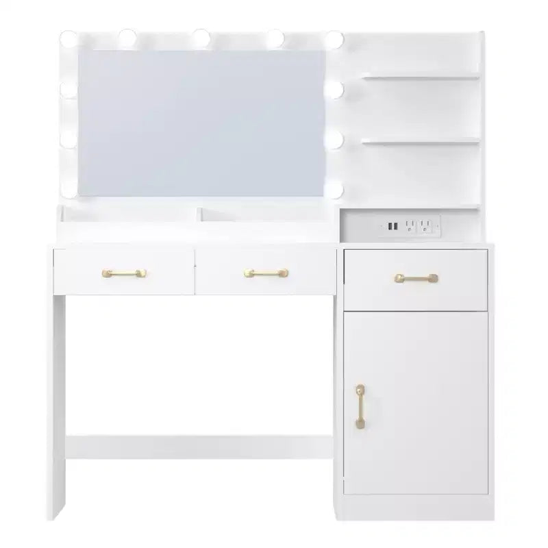 Makeup Vanity Desk with Mirror - 3 Drawers, 2 Cubbies, Cabinet, Open Shelves - Wooden Dressing Table for Bedroom or Dressing Room - White