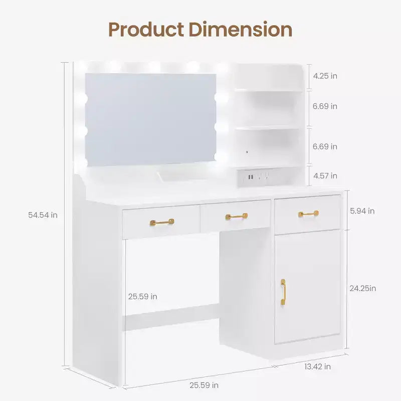 Makeup Vanity Desk with Mirror - 3 Drawers, 2 Cubbies, Cabinet, Open Shelves - Wooden Dressing Table for Bedroom or Dressing Room - White